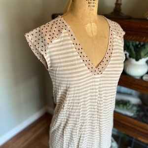 Anthropologie Little Yellow Button striped T-shirt with sheer dot design med.